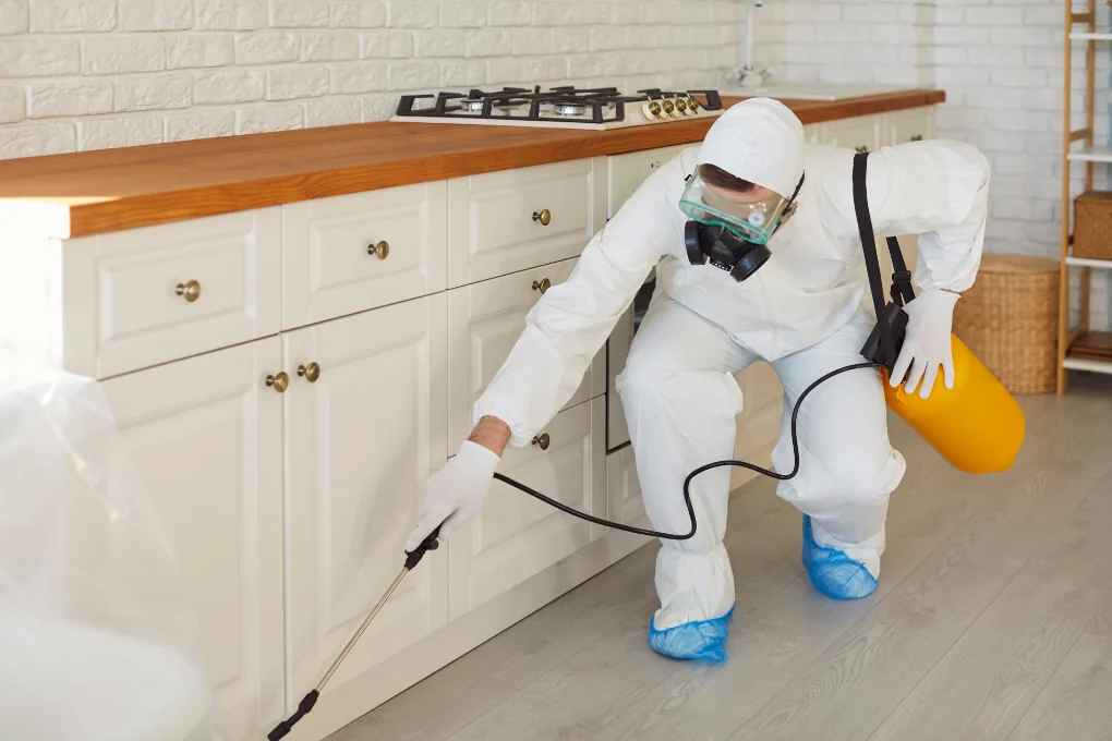 An operator in protective clothing treating a kitchen